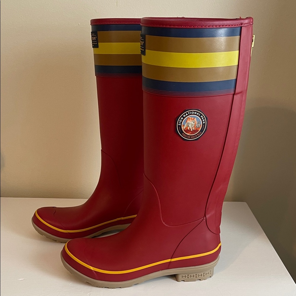 Hunter Red Boots with Yellow and Blue Stripes